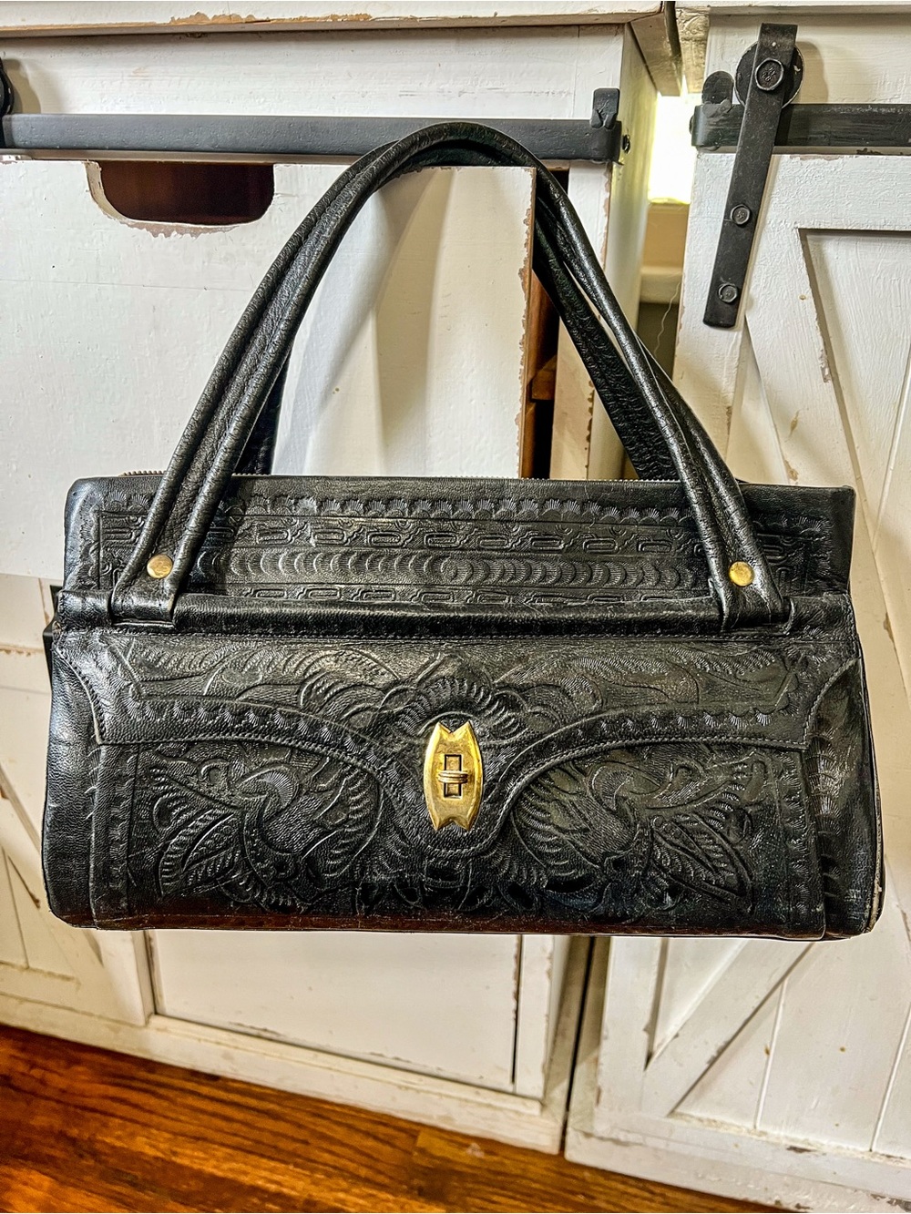 Beautiful leather hand tooled black Flores Bag